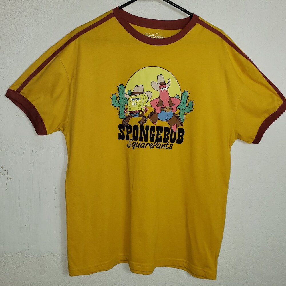SpongeBob SquarePants Ringer Tee Shirt Yellow Brown Size M Graphic Cowboy